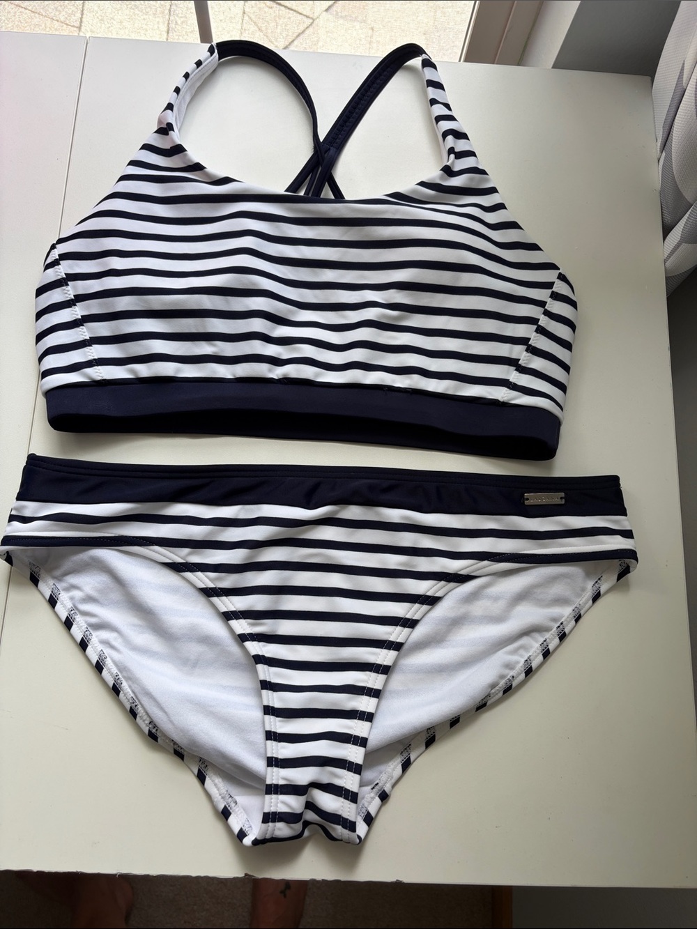 Striped Cross-Back Bikini Set in Navy and White - Women